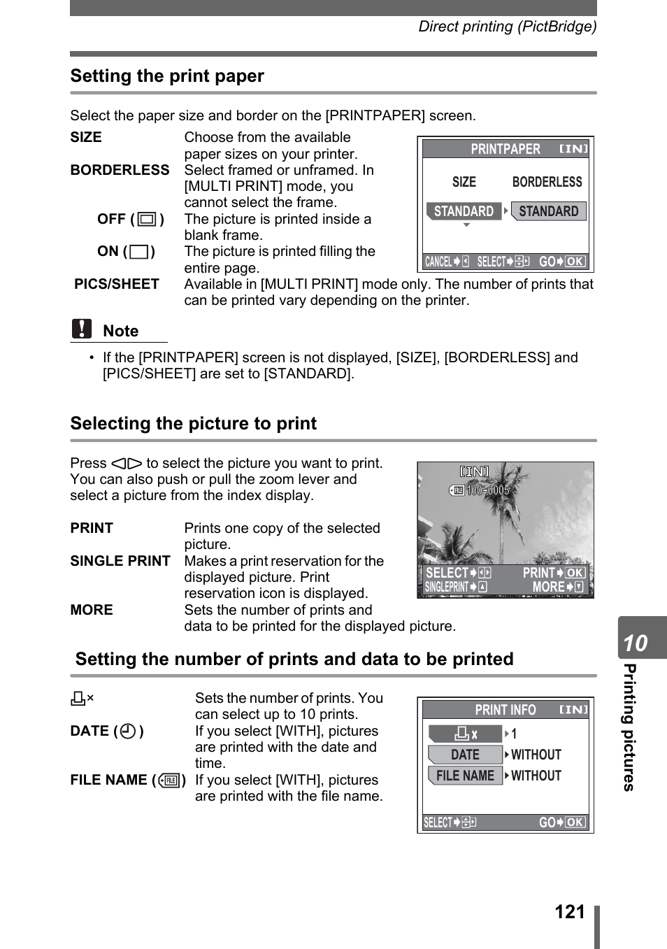 Setting the print paper, Selecting the picture to print | Olympus IR-300 User Manual | Page 121 / 182