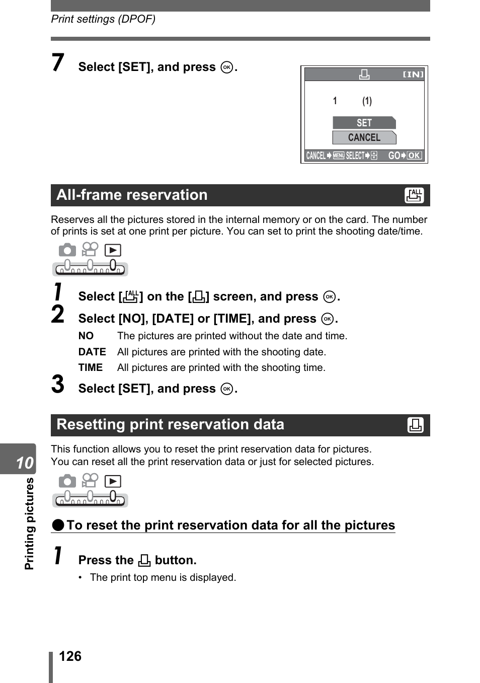 All-frame reservation, Resetting print reservation data | Olympus IR-300 User Manual | Page 126 / 182