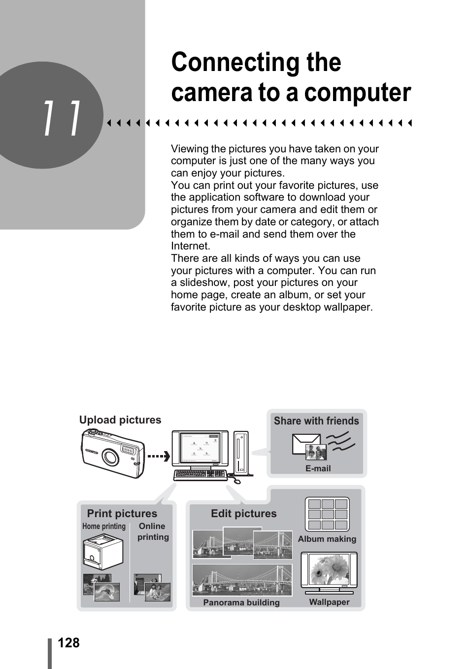 11 connecting the camera to a computer, Connecting the camera, To a computer | P. 128, Connecting the camera to a computer | Olympus IR-300 User Manual | Page 128 / 182