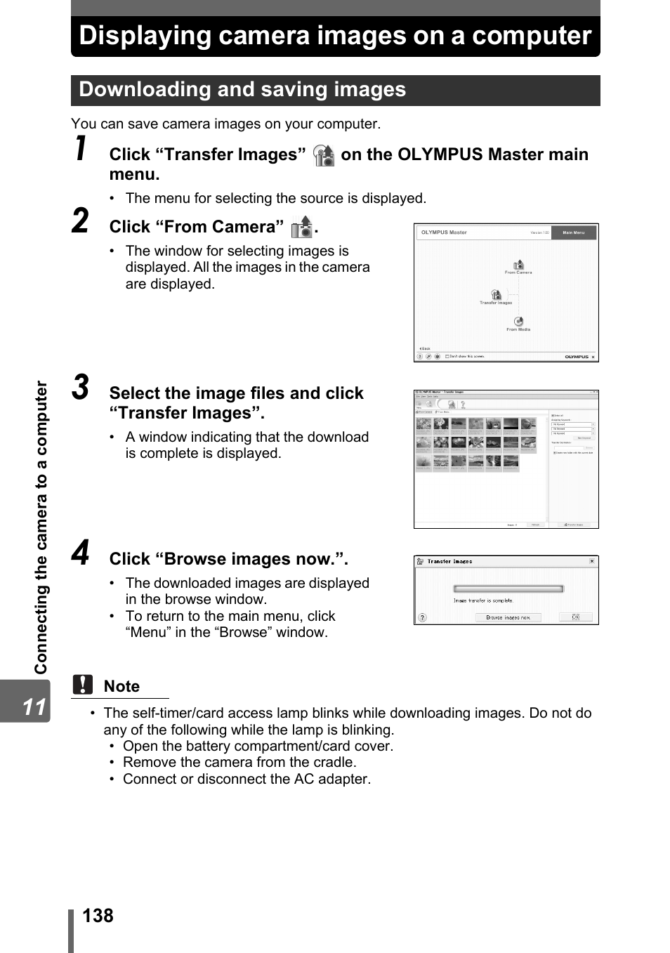 Displaying camera images on a computer, Downloading and saving images, Gp. 138 | Olympus IR-300 User Manual | Page 138 / 182