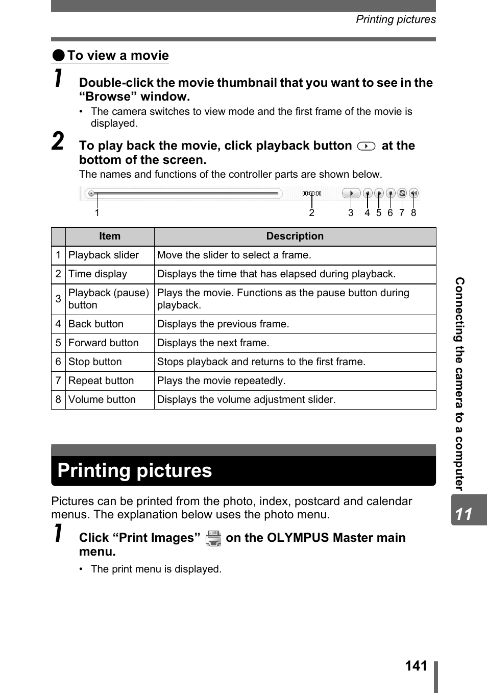 Printing pictures | Olympus IR-300 User Manual | Page 141 / 182