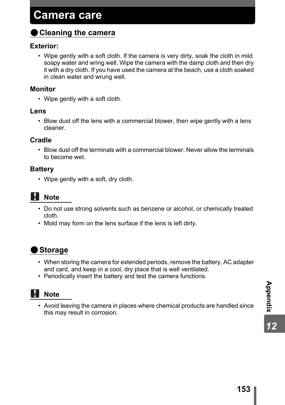 Camera care, P. 153 | Olympus IR-300 User Manual | Page 153 / 182