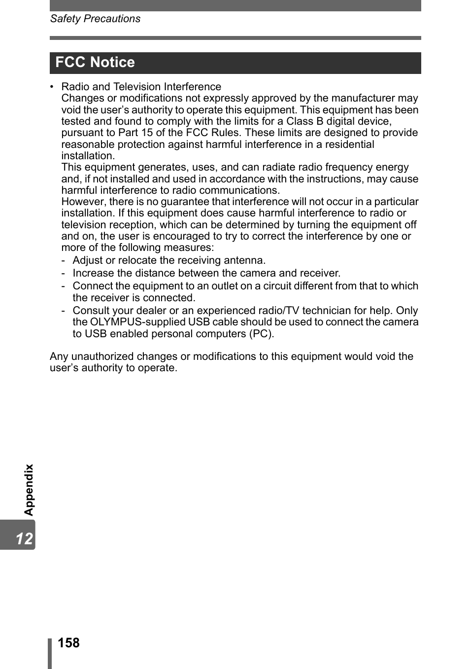 Fcc notice | Olympus IR-300 User Manual | Page 158 / 182