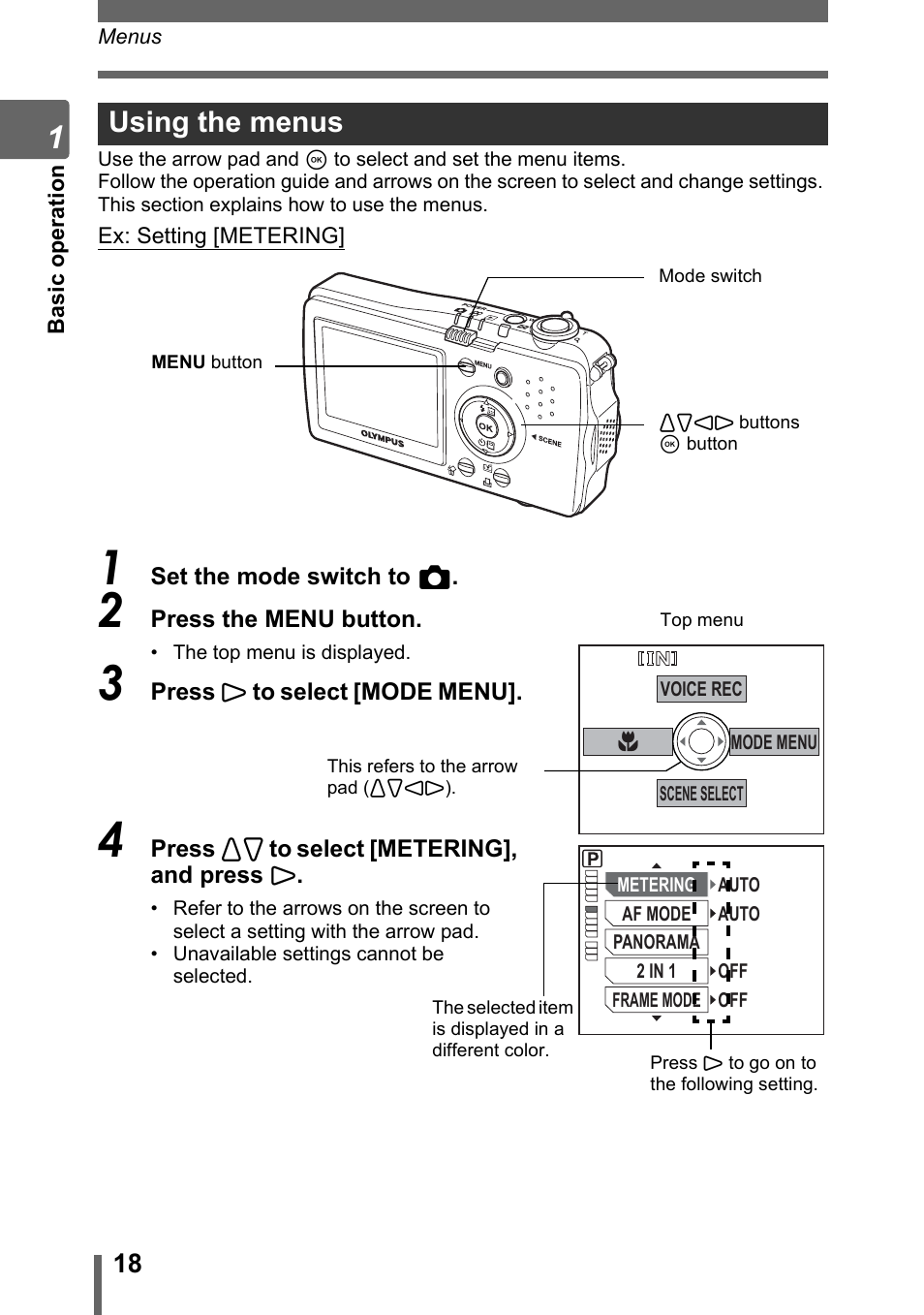 Using the menus | Olympus IR-300 User Manual | Page 18 / 182