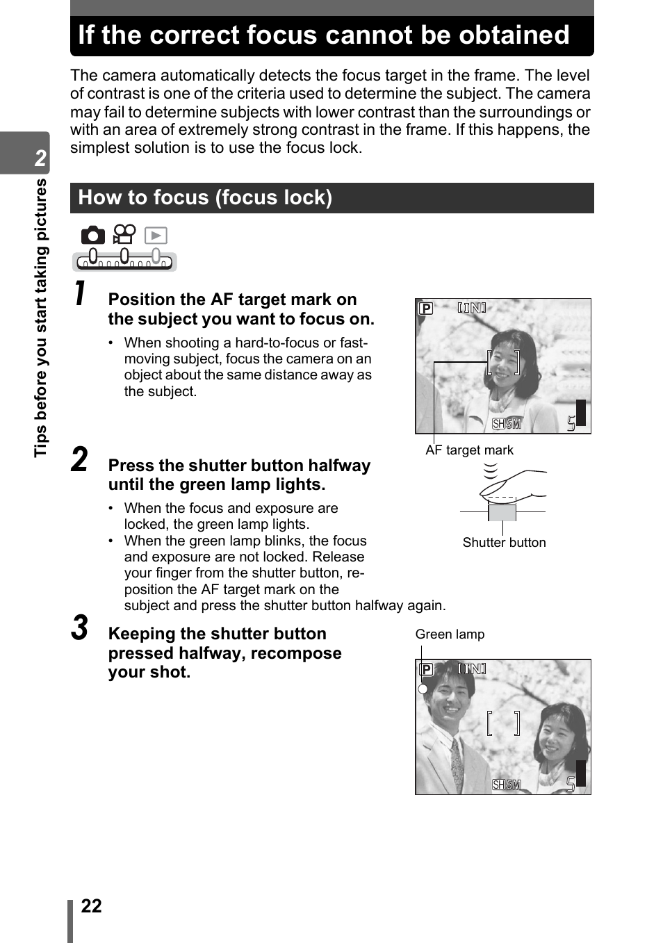 If the correct focus cannot be obtained, How to focus (focus lock) | Olympus IR-300 User Manual | Page 22 / 182