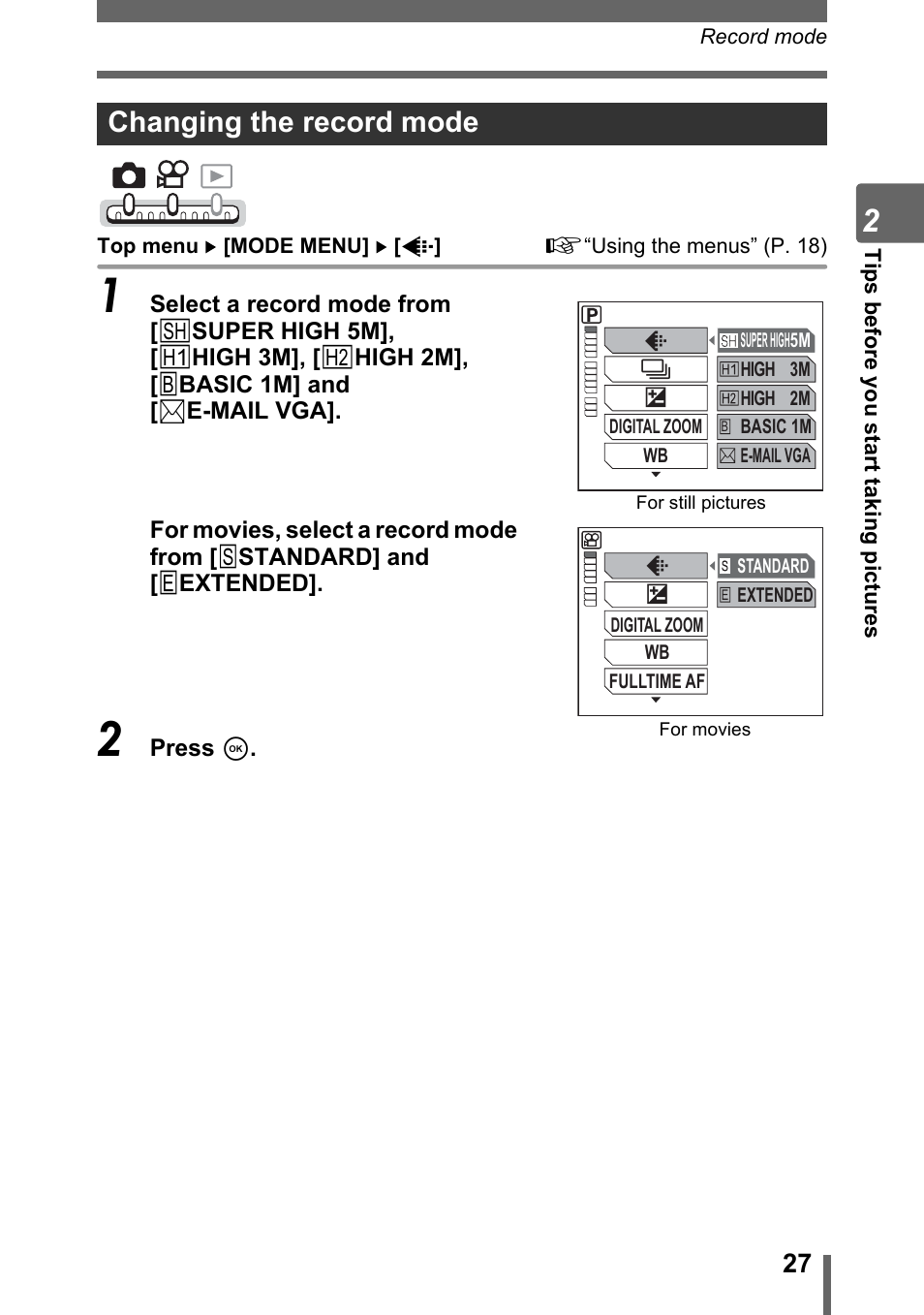 Changing the record mode | Olympus IR-300 User Manual | Page 27 / 182