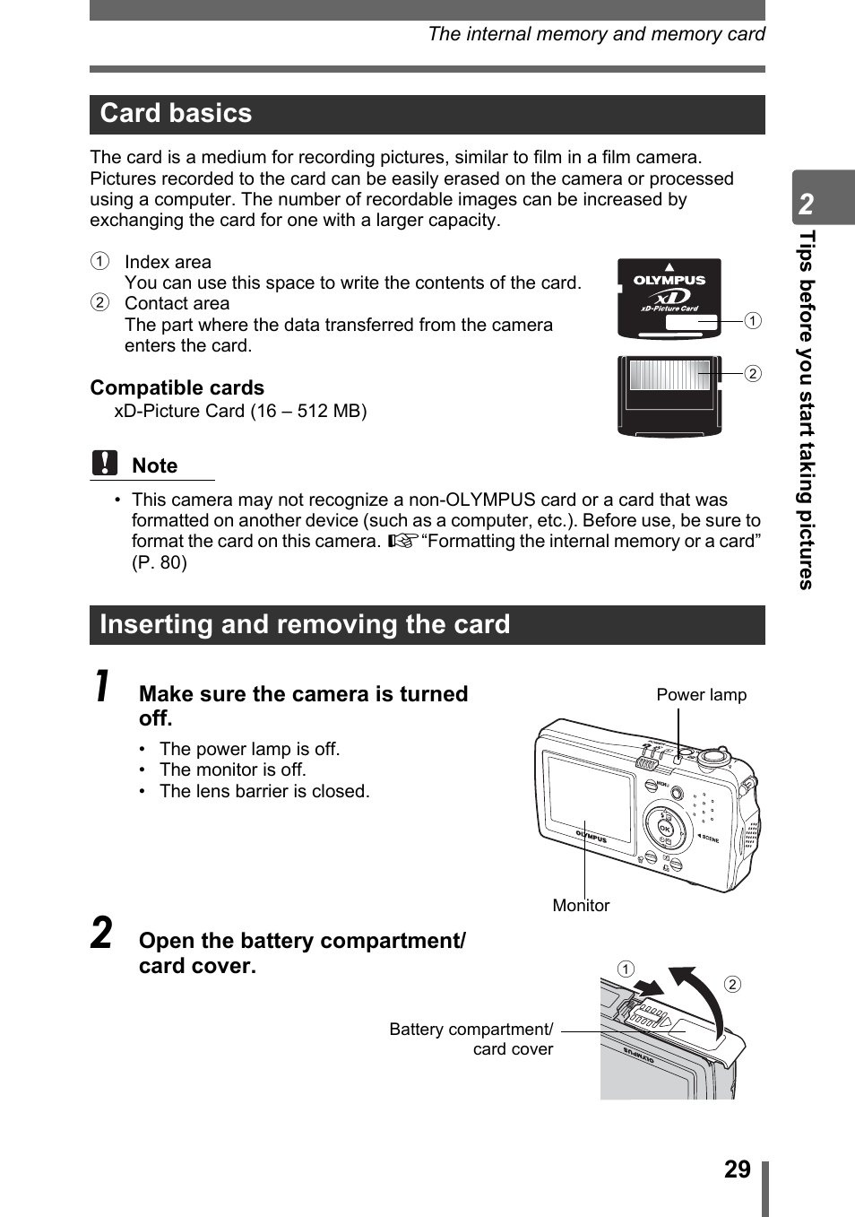 Card basics, Inserting and removing the card, Card basics inserting and removing the card | Olympus IR-300 User Manual | Page 29 / 182