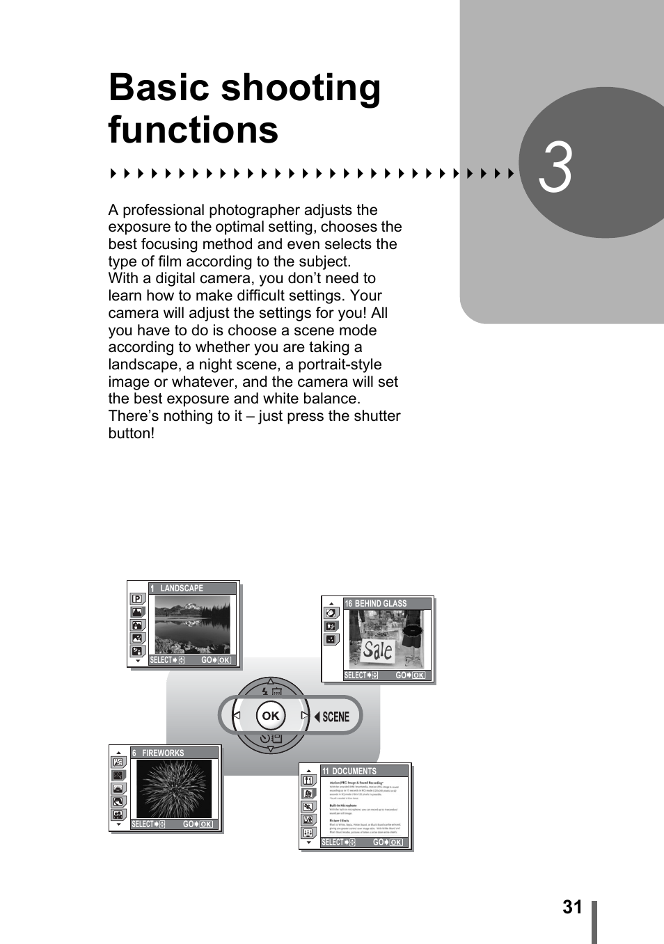 3 basic shooting functions, Basic shooting, Functions | P. 31, Basic shooting functions | Olympus IR-300 User Manual | Page 31 / 182