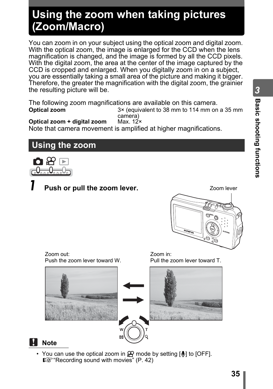Using the zoom when taking pictures (zoom/macro), Using the zoom | Olympus IR-300 User Manual | Page 35 / 182
