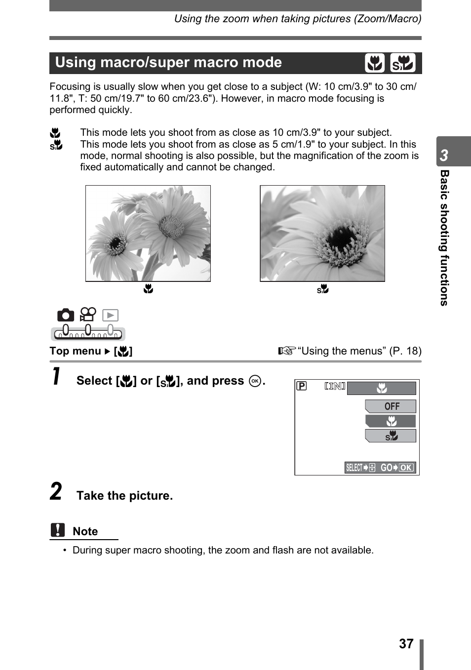 Using macro/super macro mode, Gp. 37, P. 37 | Olympus IR-300 User Manual | Page 37 / 182