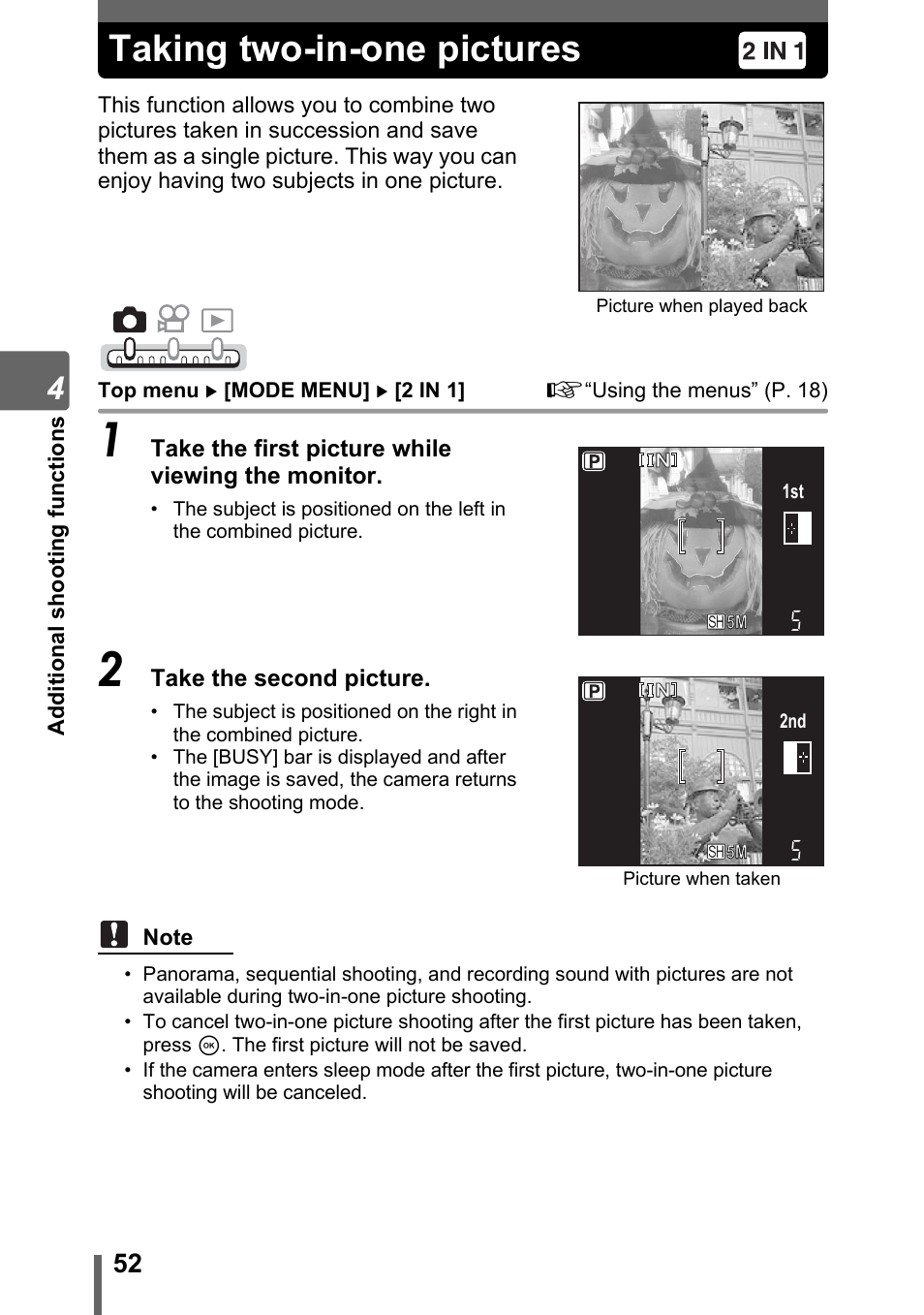 Taking two-in-one pictures | Olympus IR-300 User Manual | Page 52 / 182