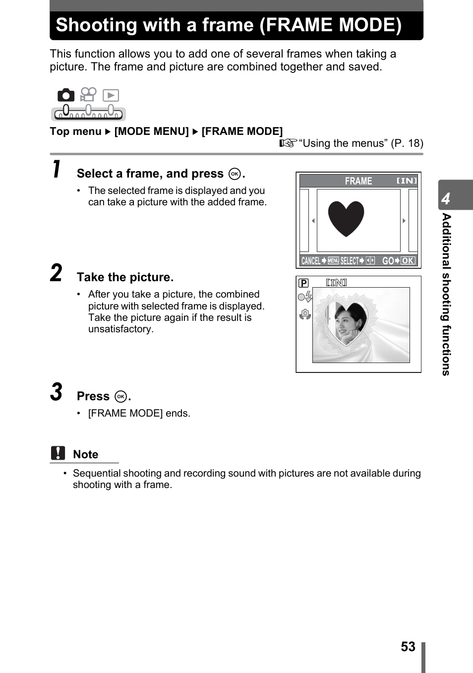 Shooting with a frame (frame mode) | Olympus IR-300 User Manual | Page 53 / 182