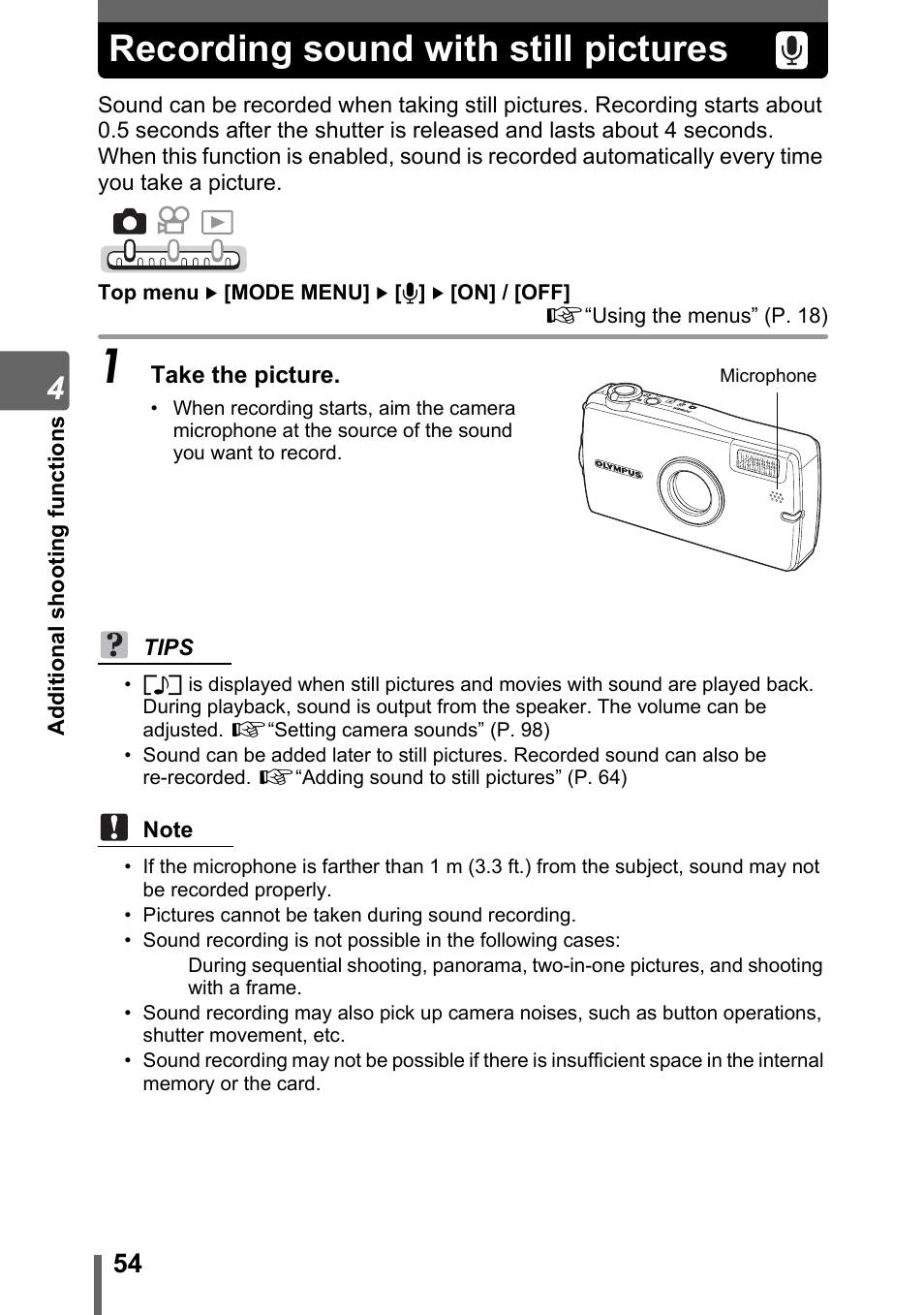 Recording sound with still pictures | Olympus IR-300 User Manual | Page 54 / 182