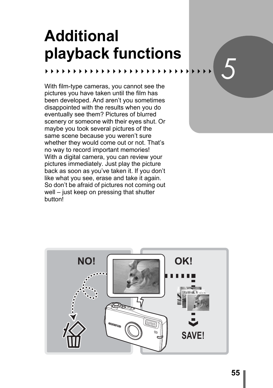 5 additional playback functions, Additional playback, Functions | P. 55, Additional playback functions | Olympus IR-300 User Manual | Page 55 / 182