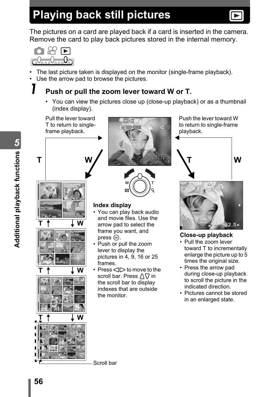 Playing back still pictures, Playing back still pictures” (p. 56), Wt t w | Push or pull the zoom lever toward w or t, Tw t w, Close-up playback, Index display, Scroll bar | Olympus IR-300 User Manual | Page 56 / 182
