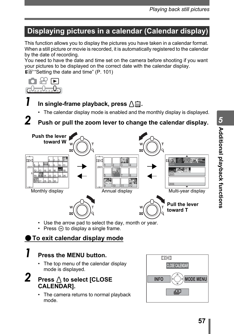 Displaying pictures in a calendar (calendar, Display)” (p. 57), P. 57 | Gp. 57, Press the menu button, Press [ to select [close calendar | Olympus IR-300 User Manual | Page 57 / 182