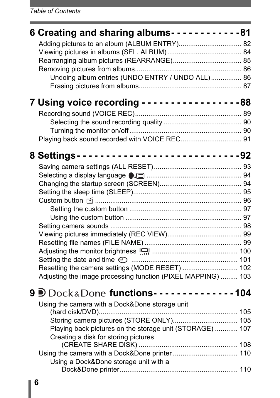 6 creating and sharing albums, 7 using voice recording, 8 settings | 9functions | Olympus IR-300 User Manual | Page 6 / 182