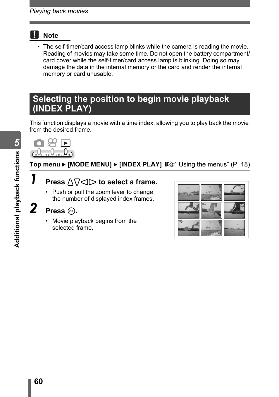 Selecting the position to begin movie playback, Index play) | Olympus IR-300 User Manual | Page 60 / 182