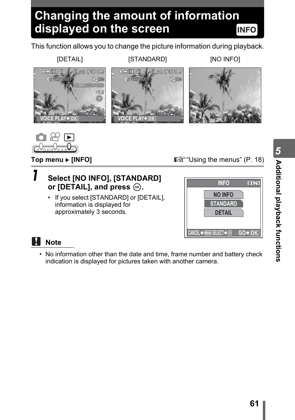 Changing the amount of information displayed, On the screen, P. 61 | Gp. 61 | Olympus IR-300 User Manual | Page 61 / 182