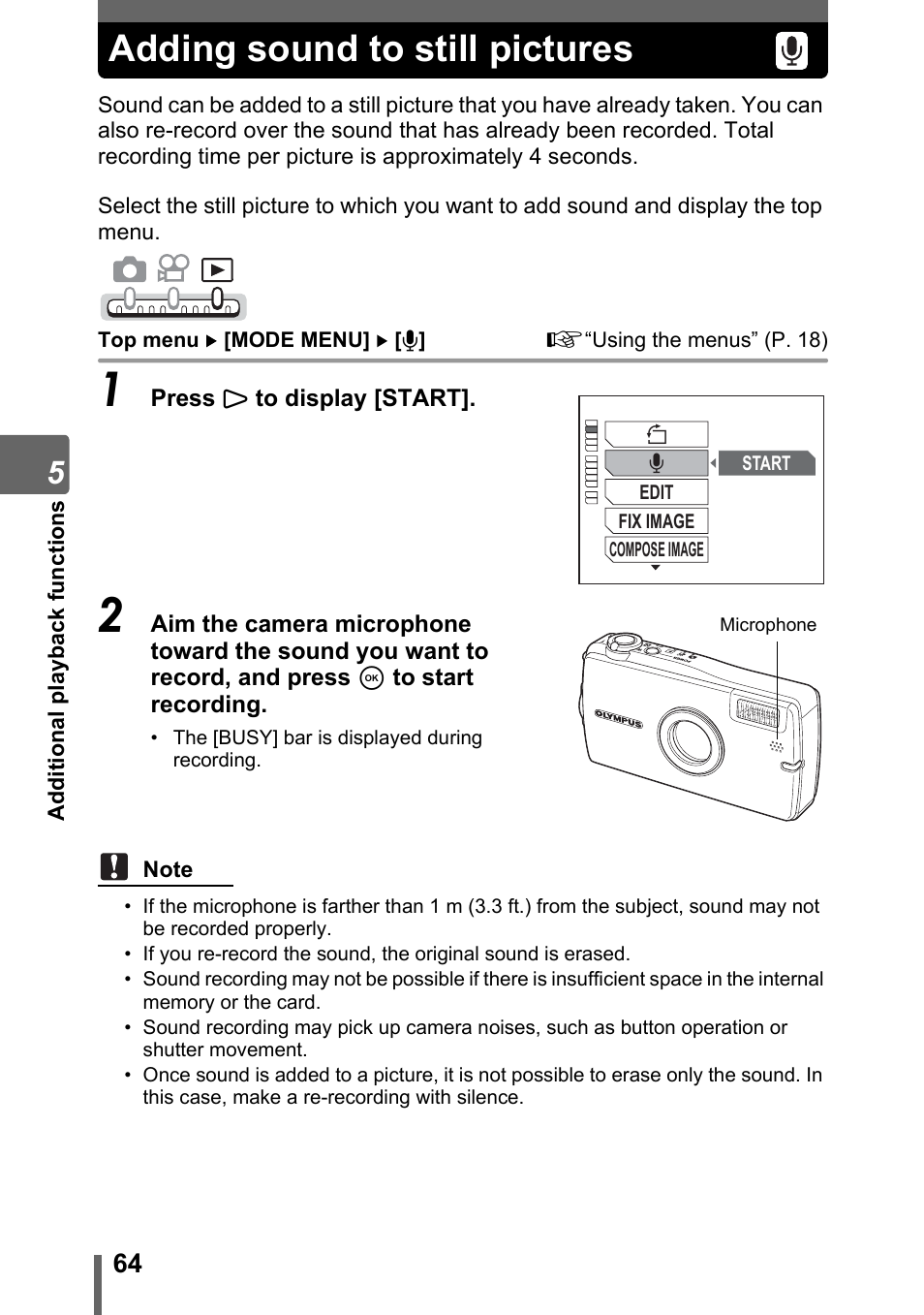 Adding sound to still pictures | Olympus IR-300 User Manual | Page 64 / 182