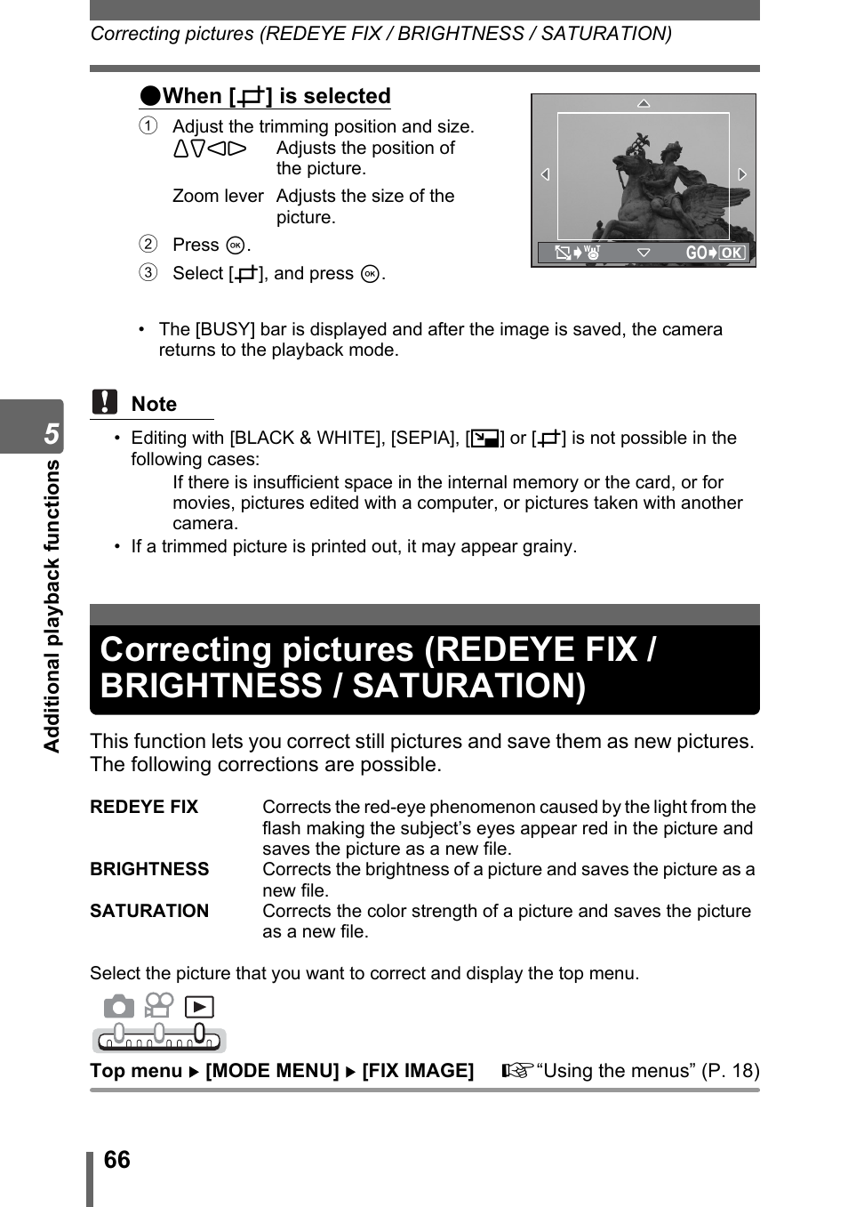 Correcting pictures (redeye fix / brightness, Saturation) | Olympus IR-300 User Manual | Page 66 / 182