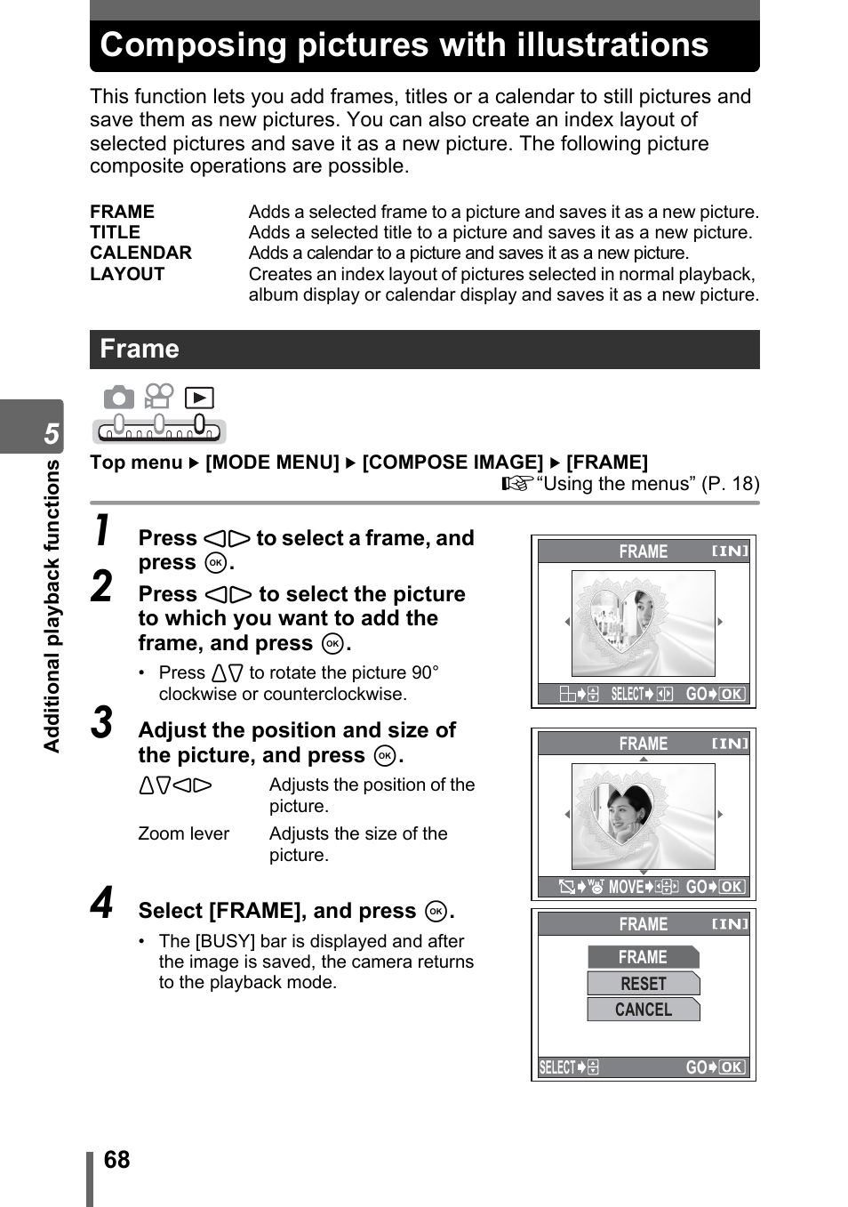 Composing pictures with illustrations, Frame | Olympus IR-300 User Manual | Page 68 / 182