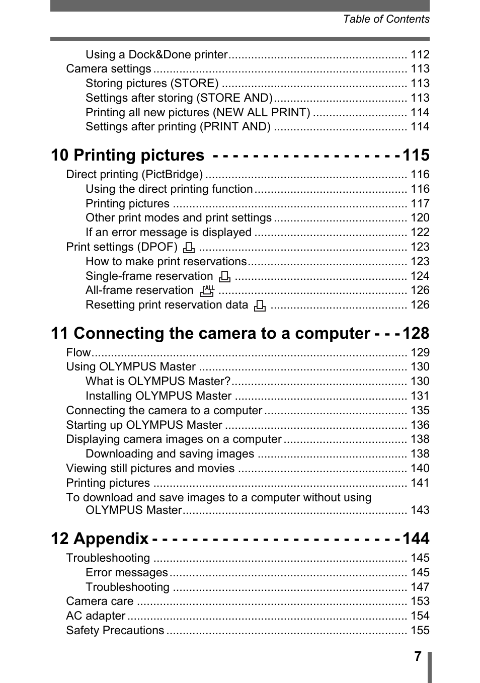 10 printing pictures, 11 connecting the camera to a computer, 12 appendix | Olympus IR-300 User Manual | Page 7 / 182