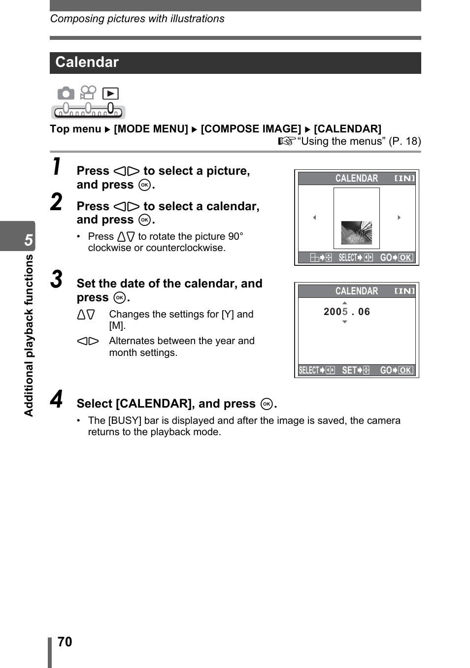 Calendar | Olympus IR-300 User Manual | Page 70 / 182