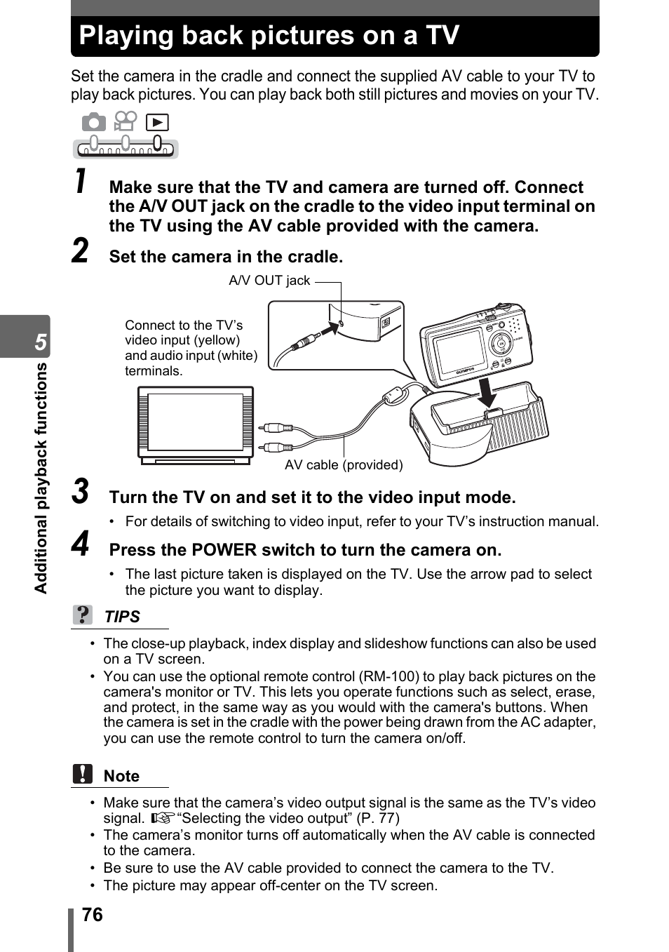 Playing back pictures on a tv | Olympus IR-300 User Manual | Page 76 / 182