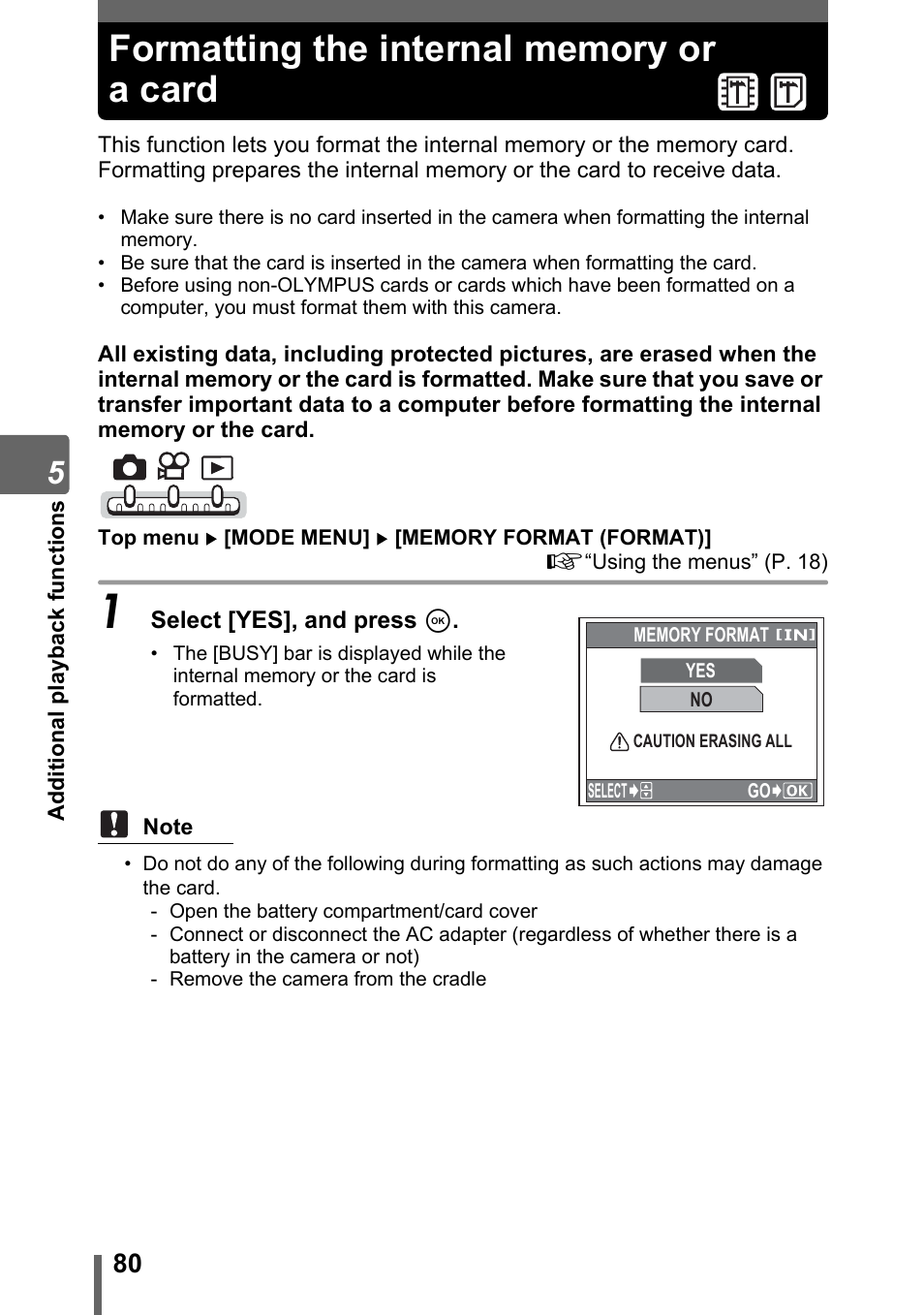 Formatting the internal memory or a card | Olympus IR-300 User Manual | Page 80 / 182