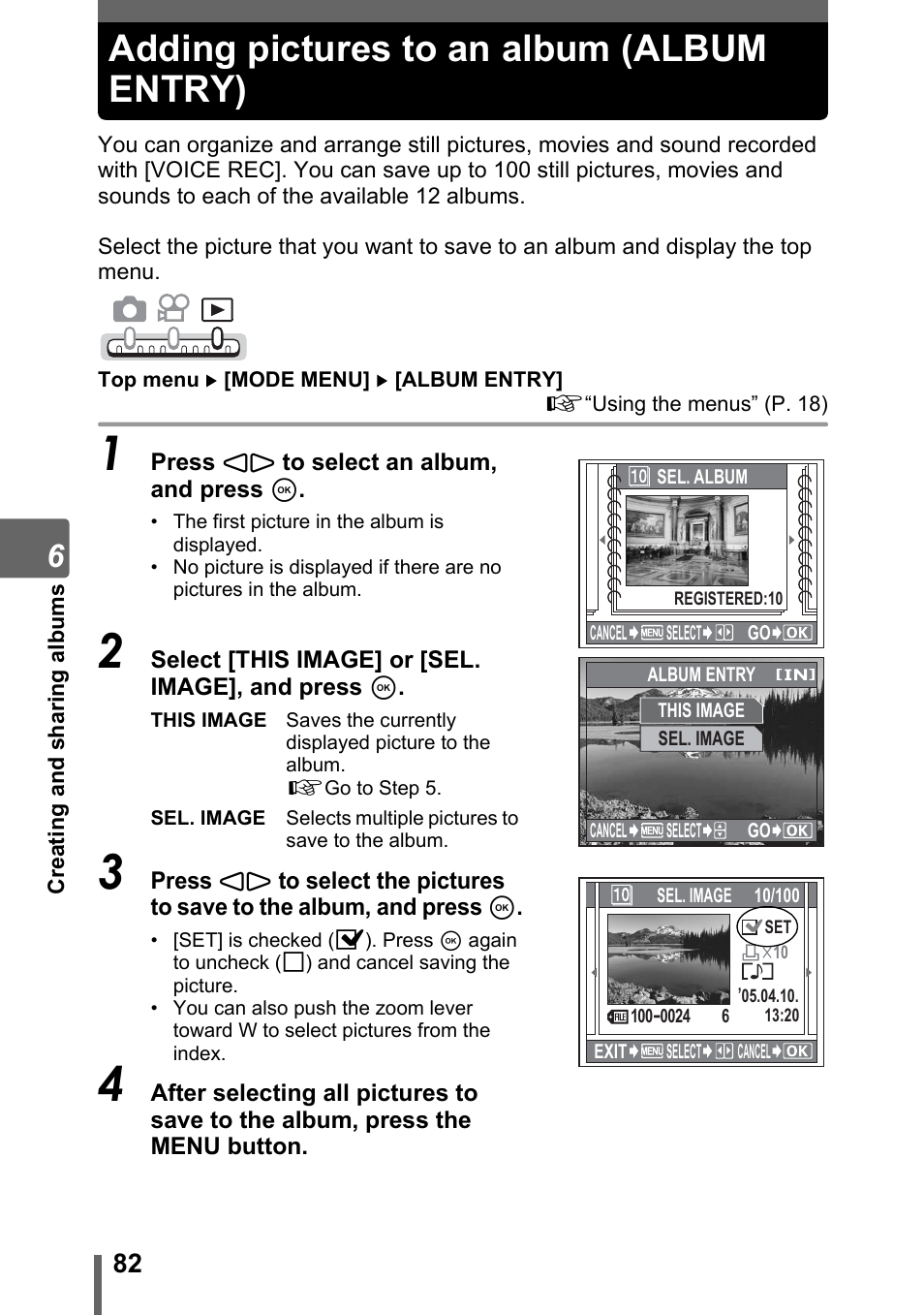 Adding pictures to an album (album entry) | Olympus IR-300 User Manual | Page 82 / 182