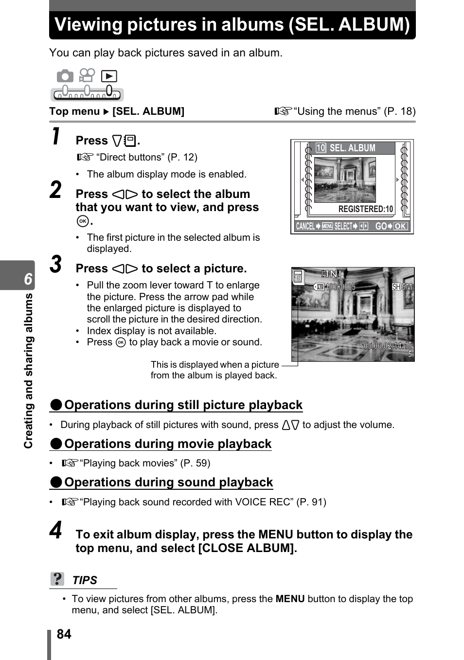 Viewing pictures in albums (sel. album), G“viewing pictures in albums (sel. album)” (p. 84), P. 84 | Olympus IR-300 User Manual | Page 84 / 182