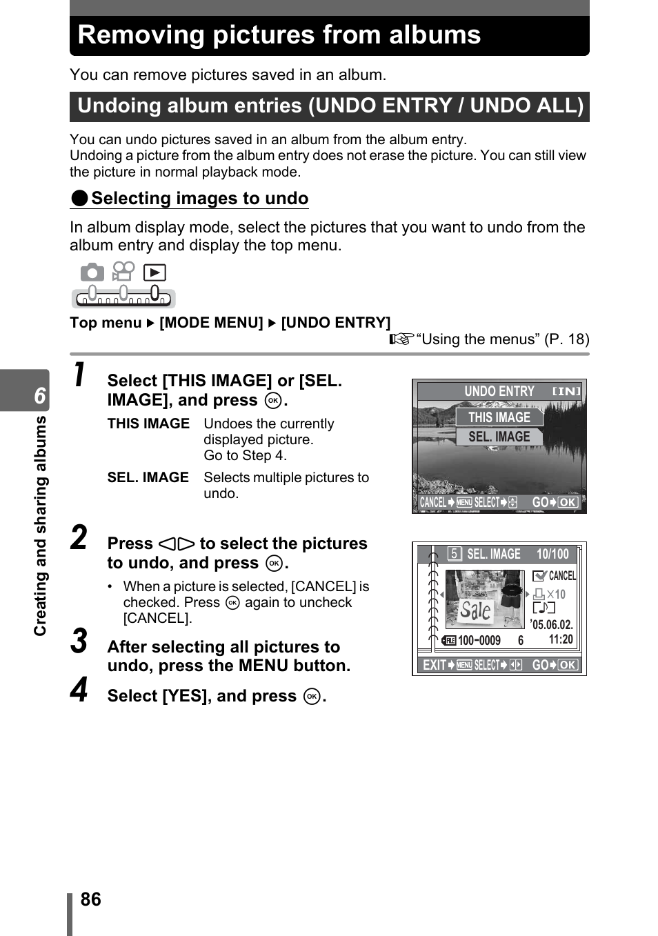 Removing pictures from albums, Undoing album entries (undo entry / undo all) | Olympus IR-300 User Manual | Page 86 / 182