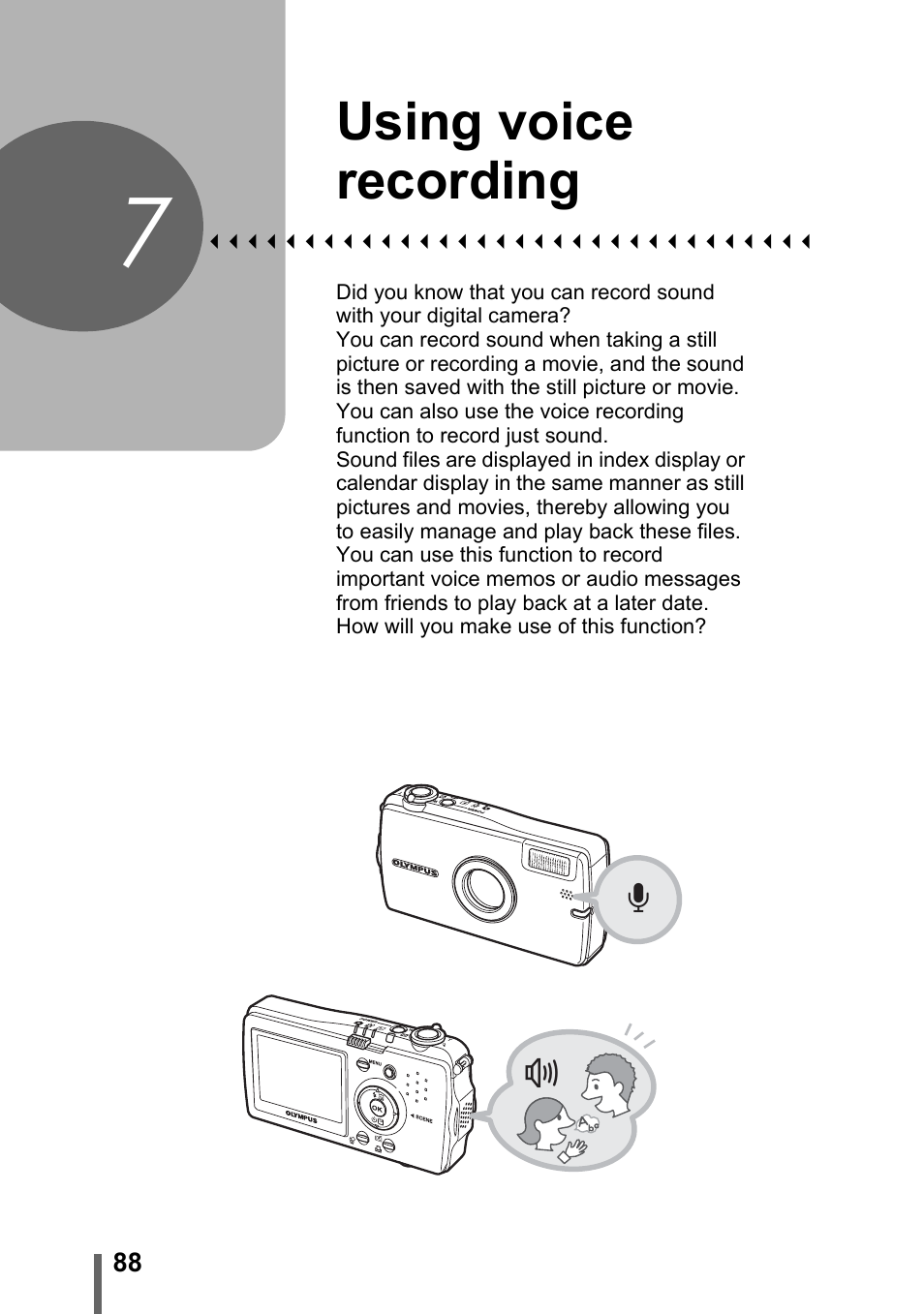 7 using voice recording, Using voice recording, P. 88 | Olympus IR-300 User Manual | Page 88 / 182