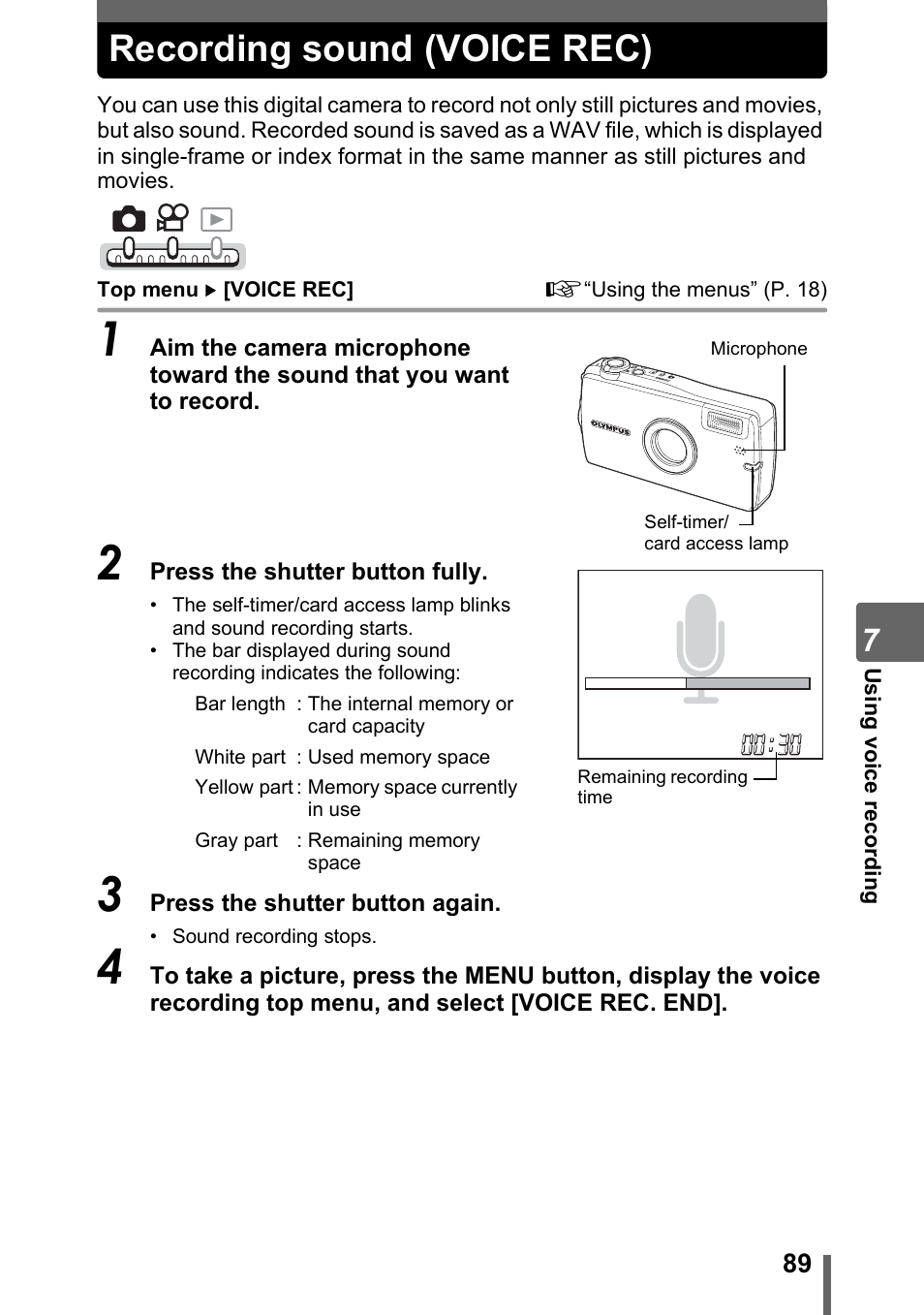 Recording sound (voice rec), Gp. 89, P. 89 | Olympus IR-300 User Manual | Page 89 / 182