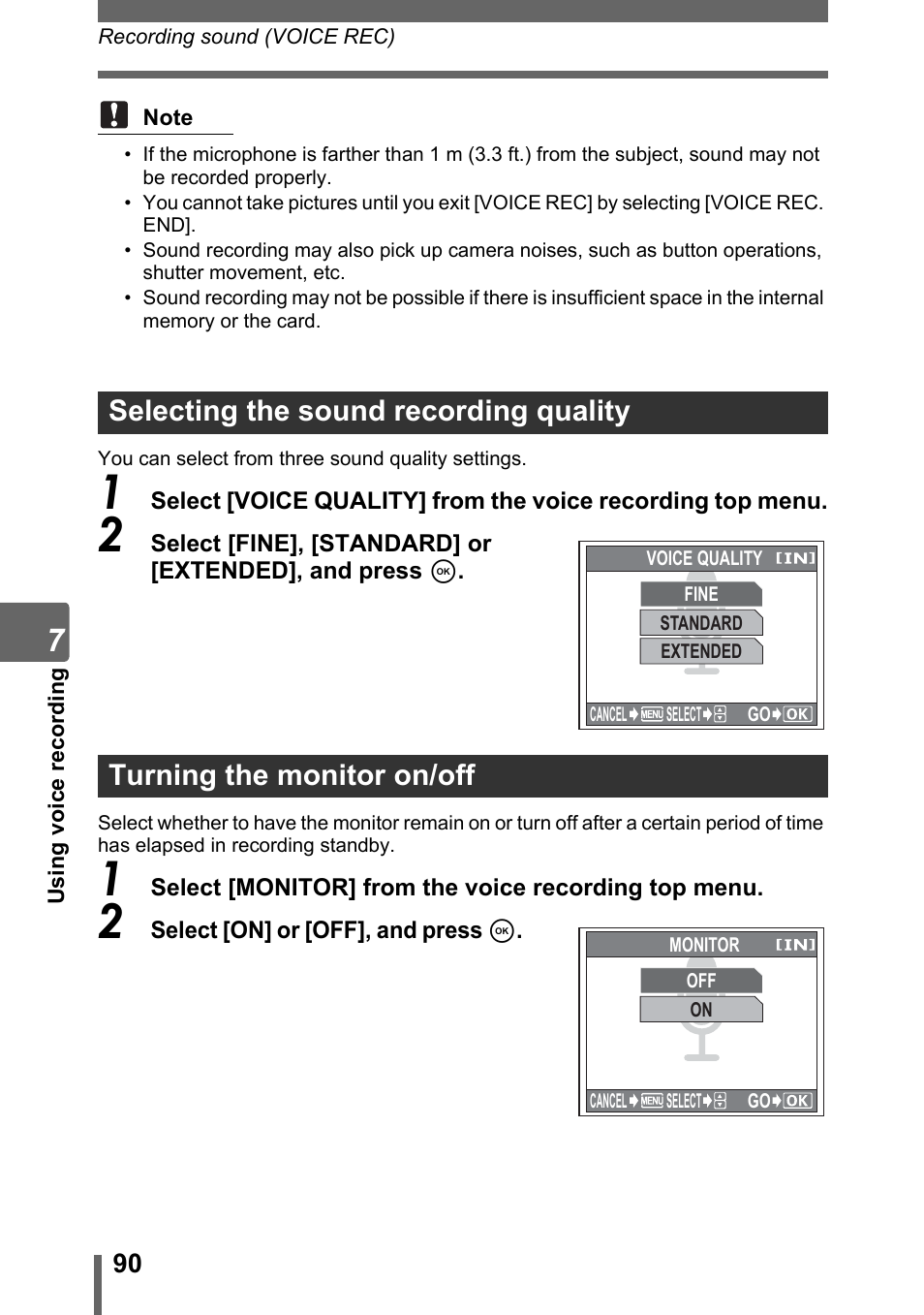 Selecting the sound recording quality, Turning the monitor on/off | Olympus IR-300 User Manual | Page 90 / 182