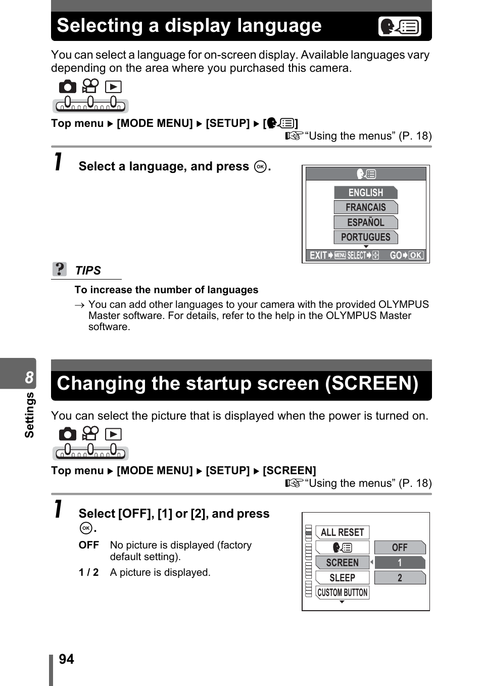 Selecting a display language, Changing the startup screen (screen), P. 94) | Olympus IR-300 User Manual | Page 94 / 182