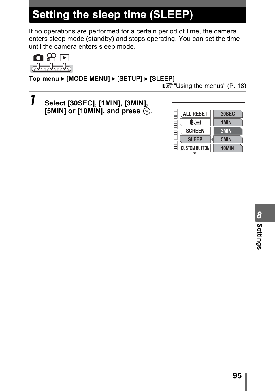 Setting the sleep time (sleep) | Olympus IR-300 User Manual | Page 95 / 182