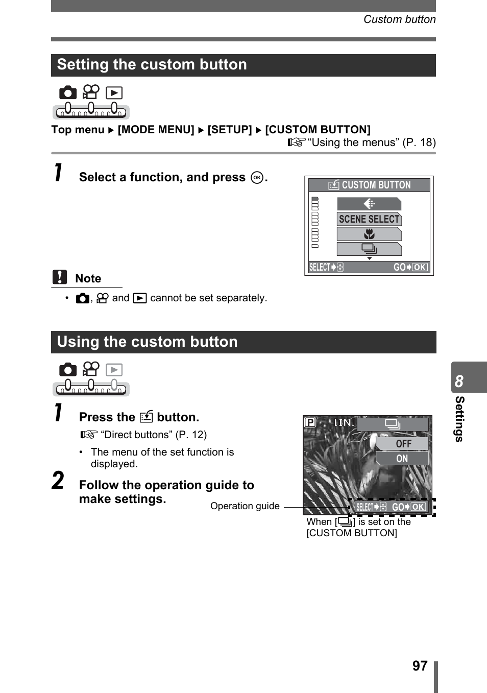 Setting the custom button, Using the custom button, Setting the custom button using the custom button | Gp. 97 | Olympus IR-300 User Manual | Page 97 / 182