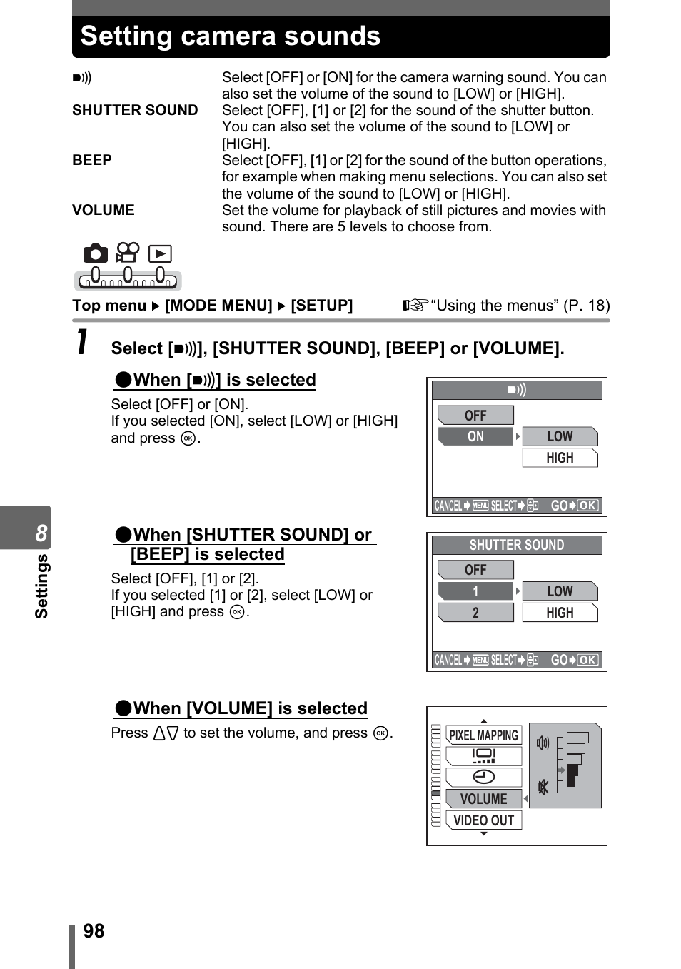 Setting camera sounds | Olympus IR-300 User Manual | Page 98 / 182