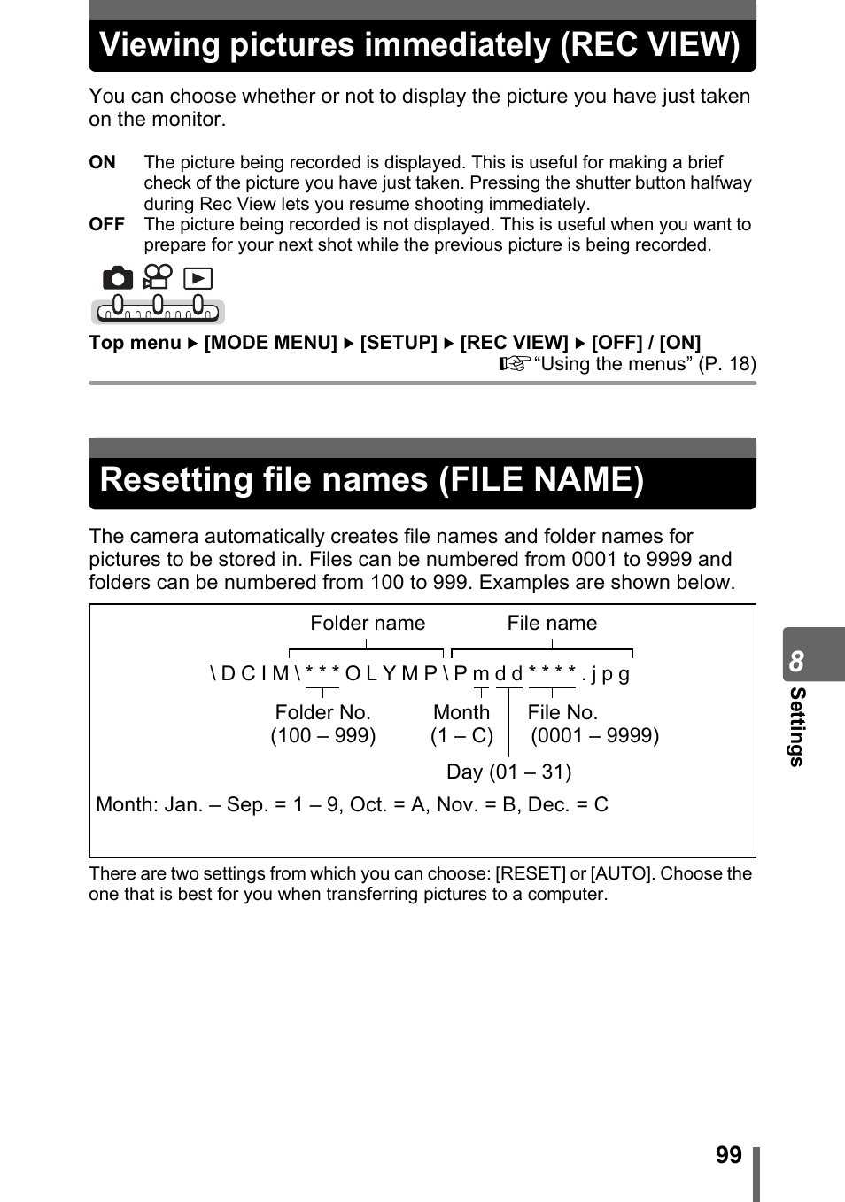 Viewing pictures immediately (rec view), Resetting file names (file name) | Olympus IR-300 User Manual | Page 99 / 182
