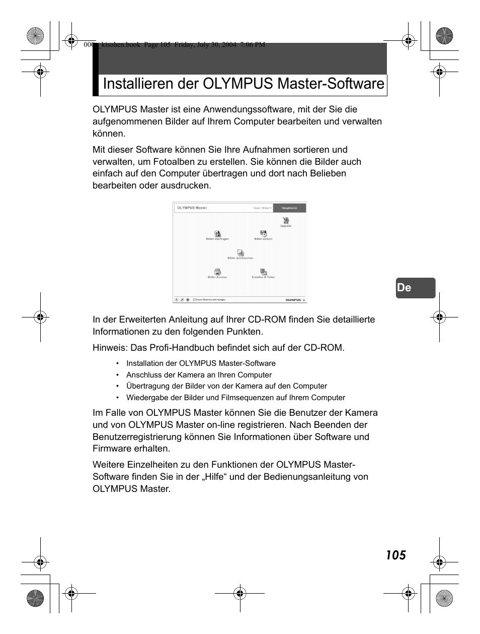 Installieren der olympus master-software | Olympus Stylus Verve User Manual | Page 105 / 163
