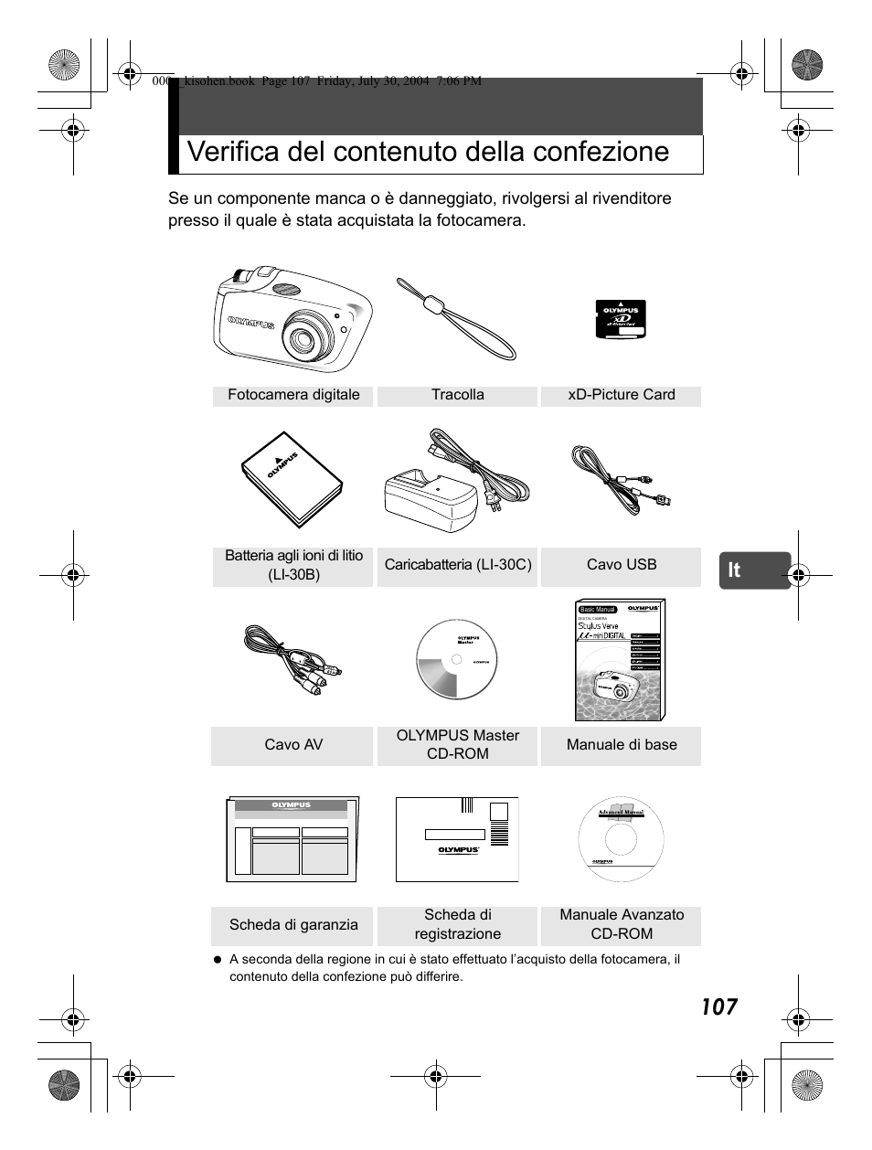 Verifica del contenuto della confezione | Olympus Stylus Verve User Manual | Page 107 / 163