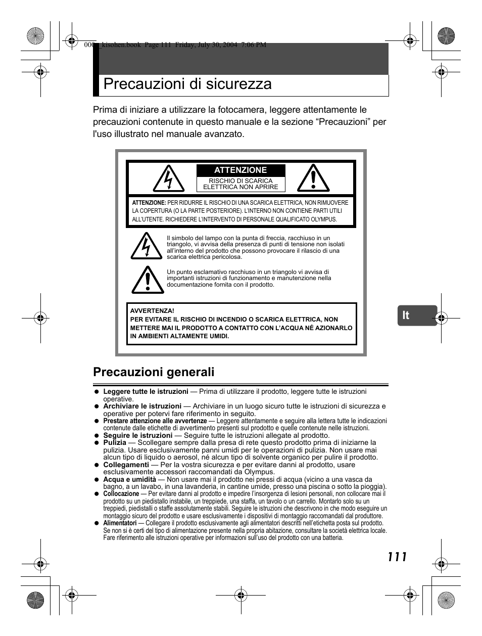 Precauzioni di sicurezza, Precauzioni generali | Olympus Stylus Verve User Manual | Page 111 / 163