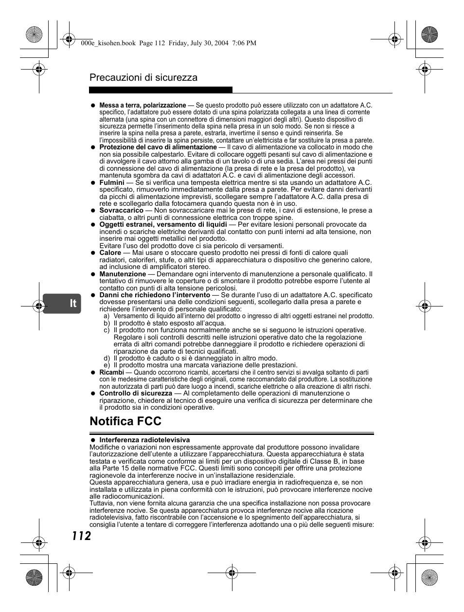 Notifica fcc, Precauzioni di sicurezza | Olympus Stylus Verve User Manual | Page 112 / 163