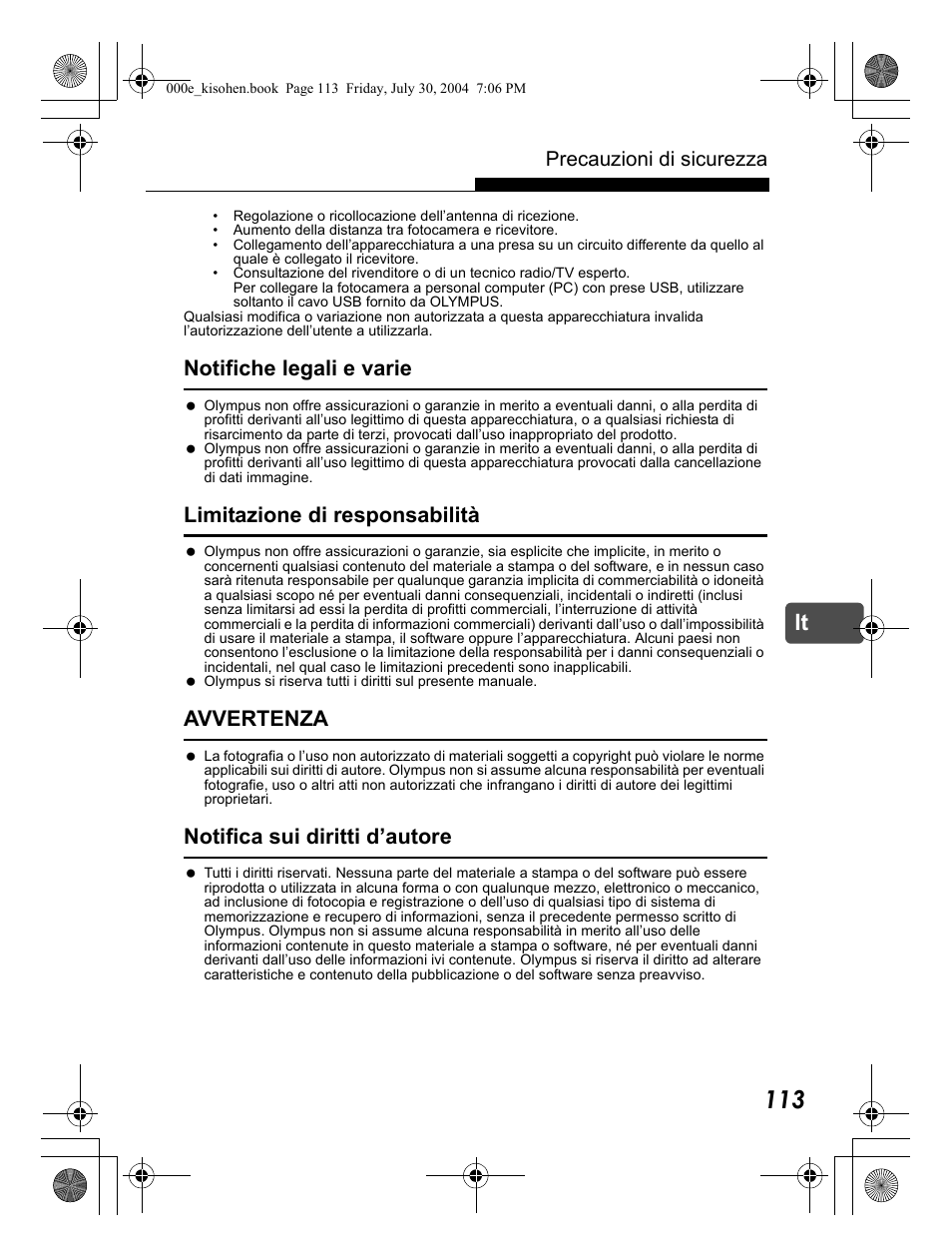 Notifiche legali e varie, Limitazione di responsabilità, Avvertenza | Notifica sui diritti d’autore, Precauzioni di sicurezza | Olympus Stylus Verve User Manual | Page 113 / 163