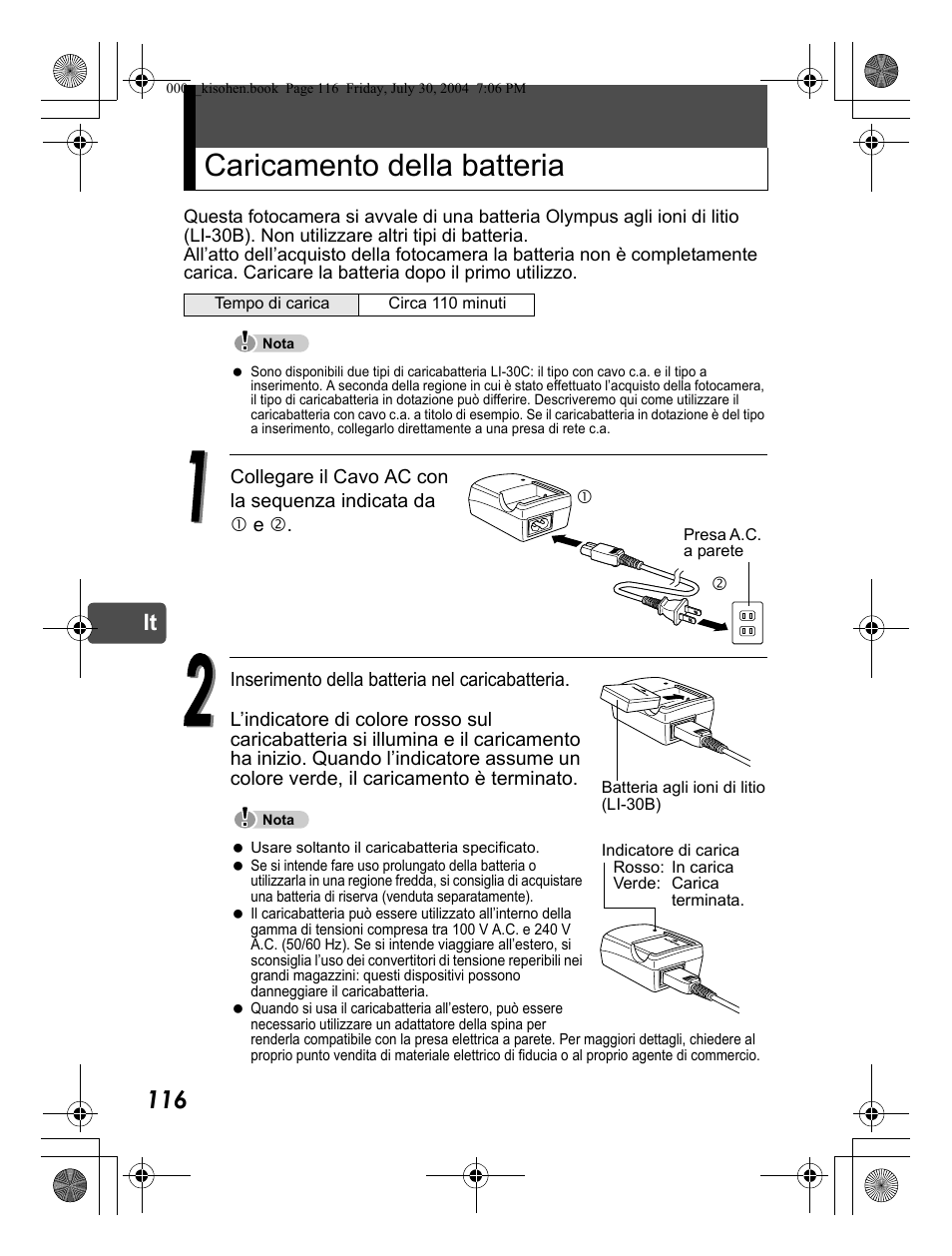 Caricamento della batteria | Olympus Stylus Verve User Manual | Page 116 / 163