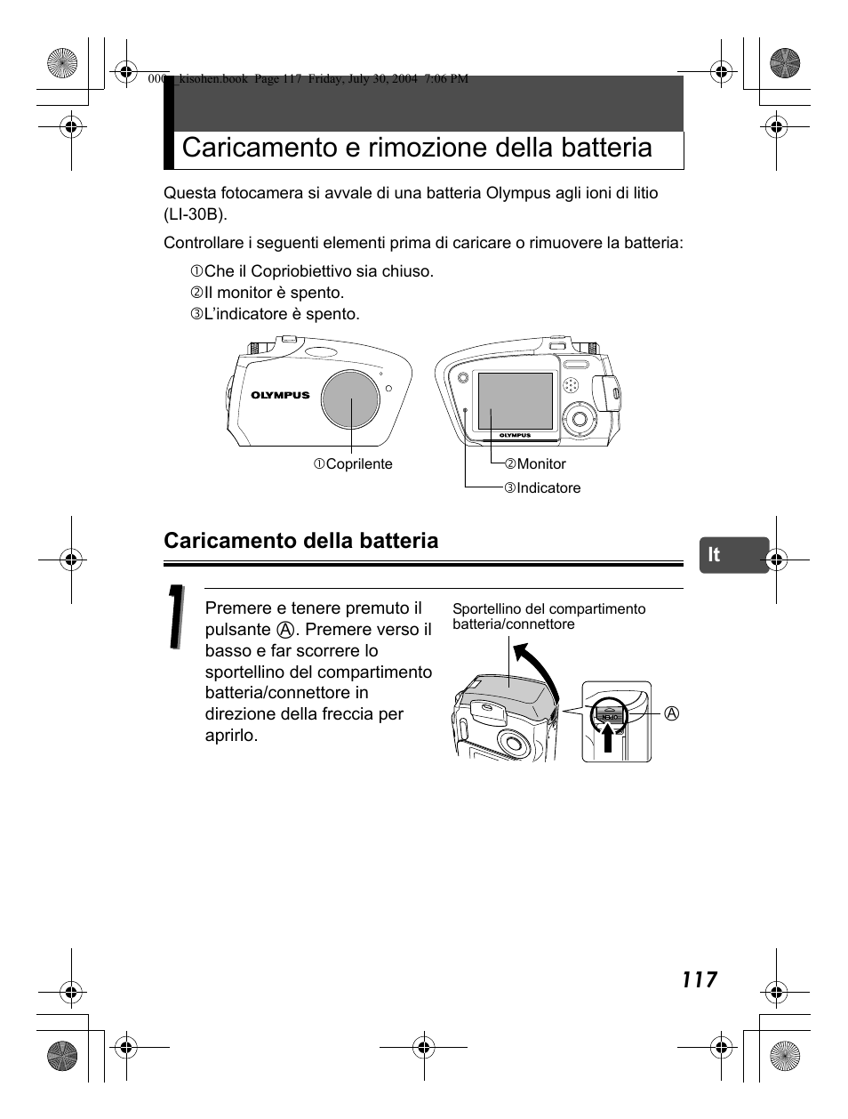 Caricamento e rimozione della batteria, Caricamento della batteria | Olympus Stylus Verve User Manual | Page 117 / 163