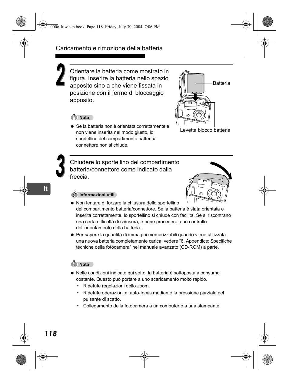 Caricamento e rimozione della batteria | Olympus Stylus Verve User Manual | Page 118 / 163