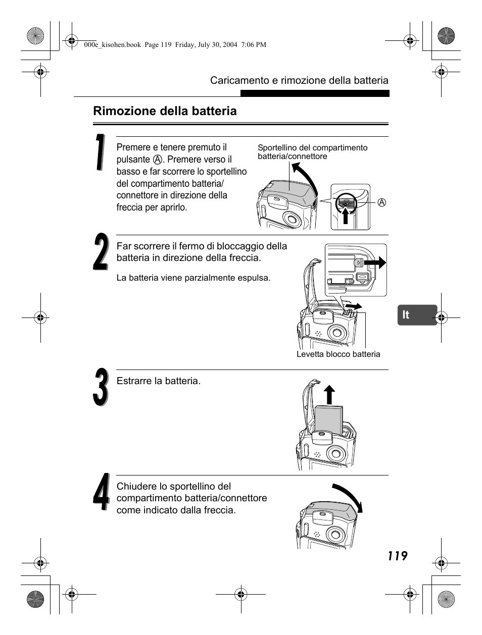 Rimozione della batteria | Olympus Stylus Verve User Manual | Page 119 / 163